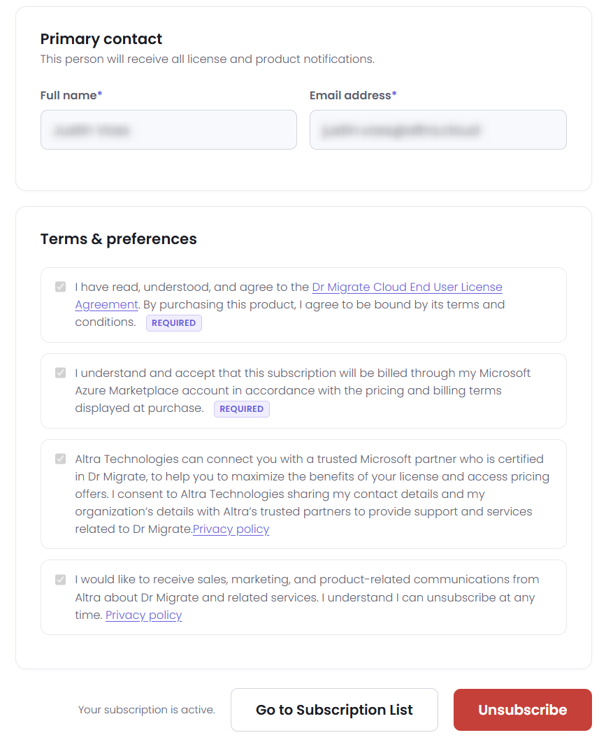 Read-only summary showing Primary contact, Terms and preferences, and the Unsubscribe button